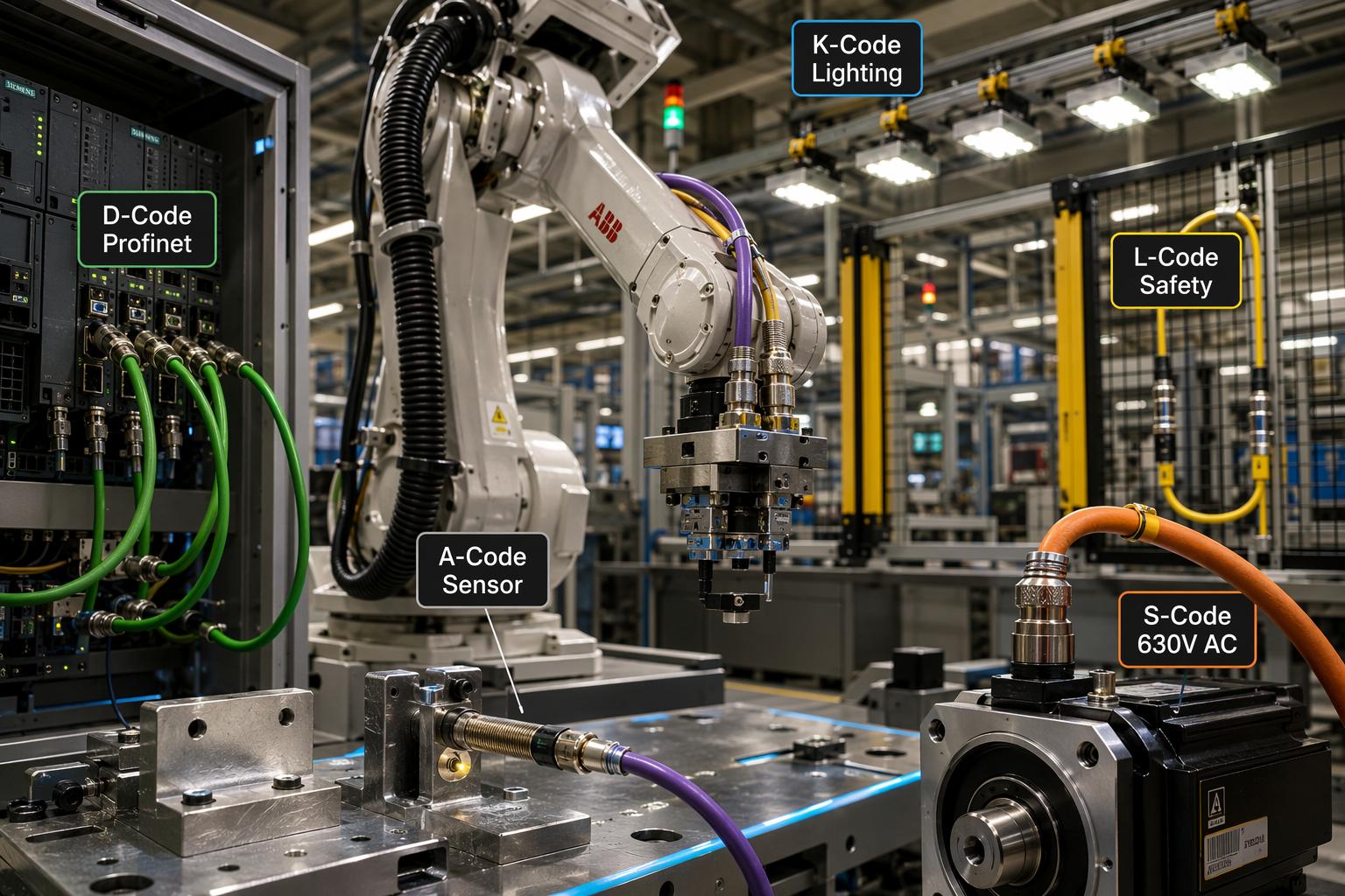 M12 ADKLS-Code connectors application scene on automated industrial robot production line M12 ADKLS-Code connectors application scene on automated industrial robot production line